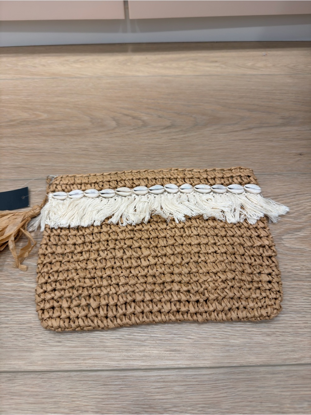 Natural Woven Straw Clutch with Cream Tassel and Shell Trim